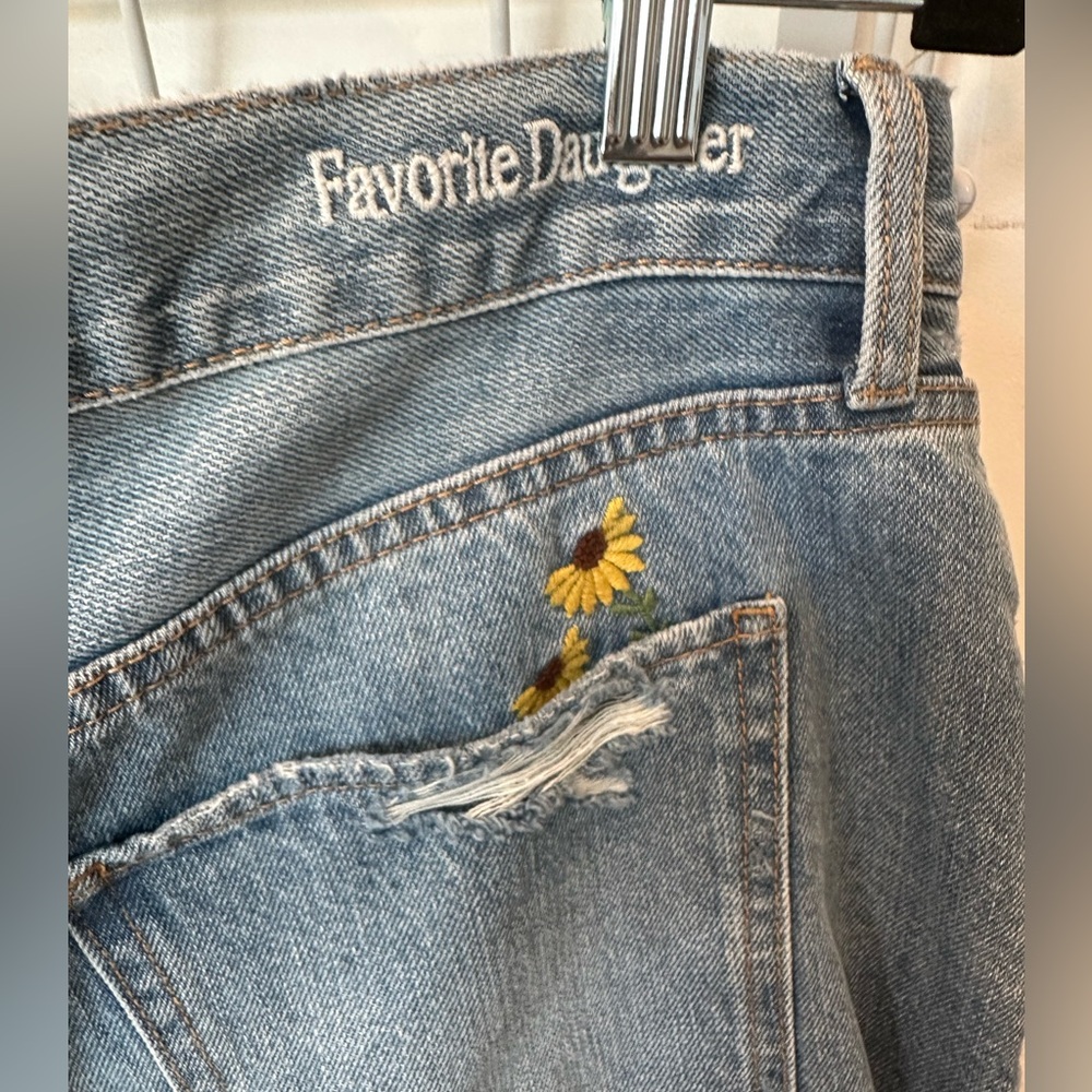 Favorite Daughter Light Blue Denim Jean Shorts with Yellow Embroidered Flowers